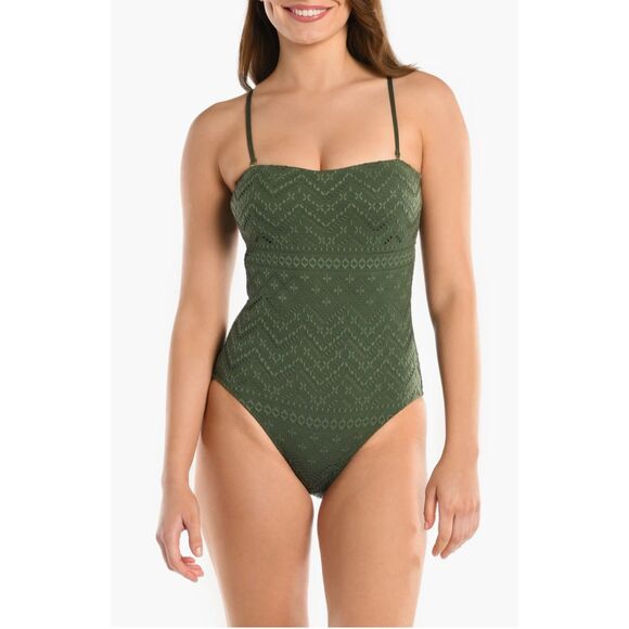 NWT La Blanca Salt Bandeau One-Piece Swimsuit w Removable Straps in Olive Sz 10 - Picture 2 of 16